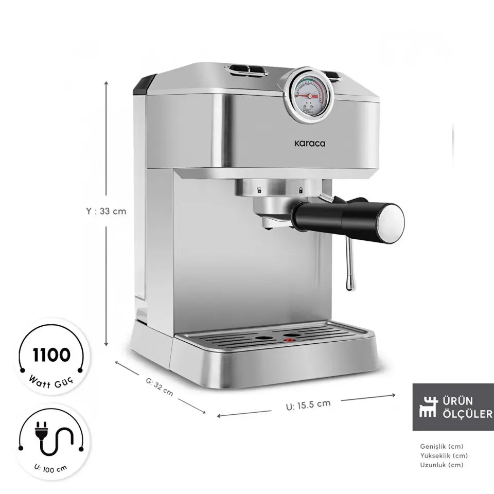 Karaca Coffee Art 1101 Süt Köpürtücülü, 20 Bar Basınçlı, Espresso, Latte, Cappuccino, Americano Makinesi Inox 1,5L 1100W