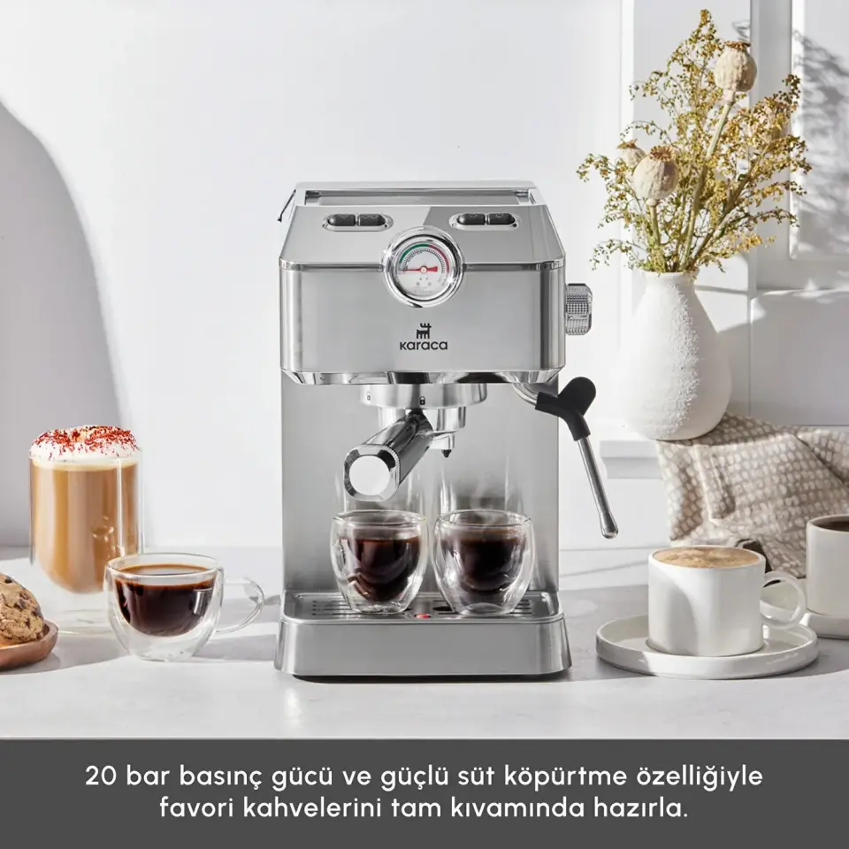 Karaca Coffee Art 1101 Süt Köpürtücülü, 20 Bar Basınçlı, Espresso, Latte, Cappuccino, Americano Makinesi Inox 1,5L 1100W