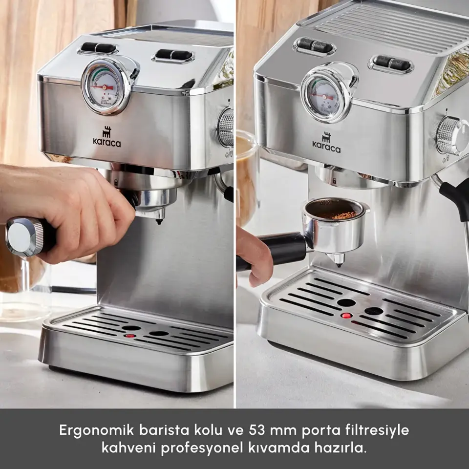 Karaca Coffee Art 1101 Süt Köpürtücülü, 20 Bar Basınçlı, Espresso, Latte, Cappuccino, Americano Makinesi Inox 1,5L 1100W
