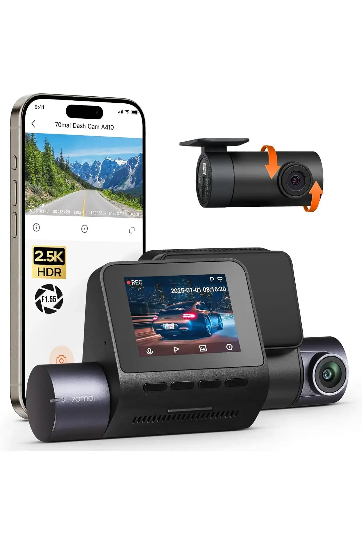 70MAİ Araç Kamerası A410 Ön Kamera+ RC21 Arka Kamera Set 2.5K + 1080P Çift Kamera