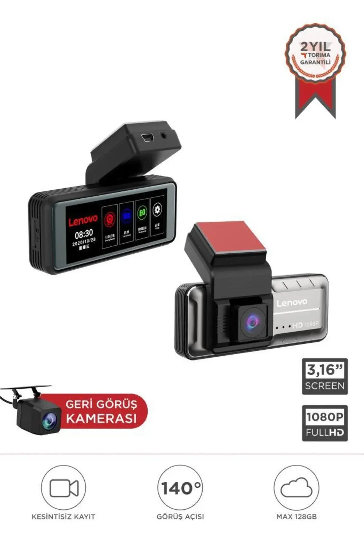 LENOVO Araç İçi Kamera 1080P Dokunmatik Wifi Ön ve Arka Araç Kamerası Q3 3318 Siyah