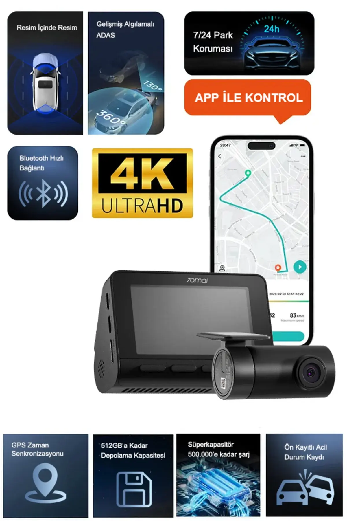 70MAİ Araç Kamerası A800SE Ön Kamera + RC22 Arka Kamera Set 4K Ultra HD, Ön Bellekli Acil Kayıt