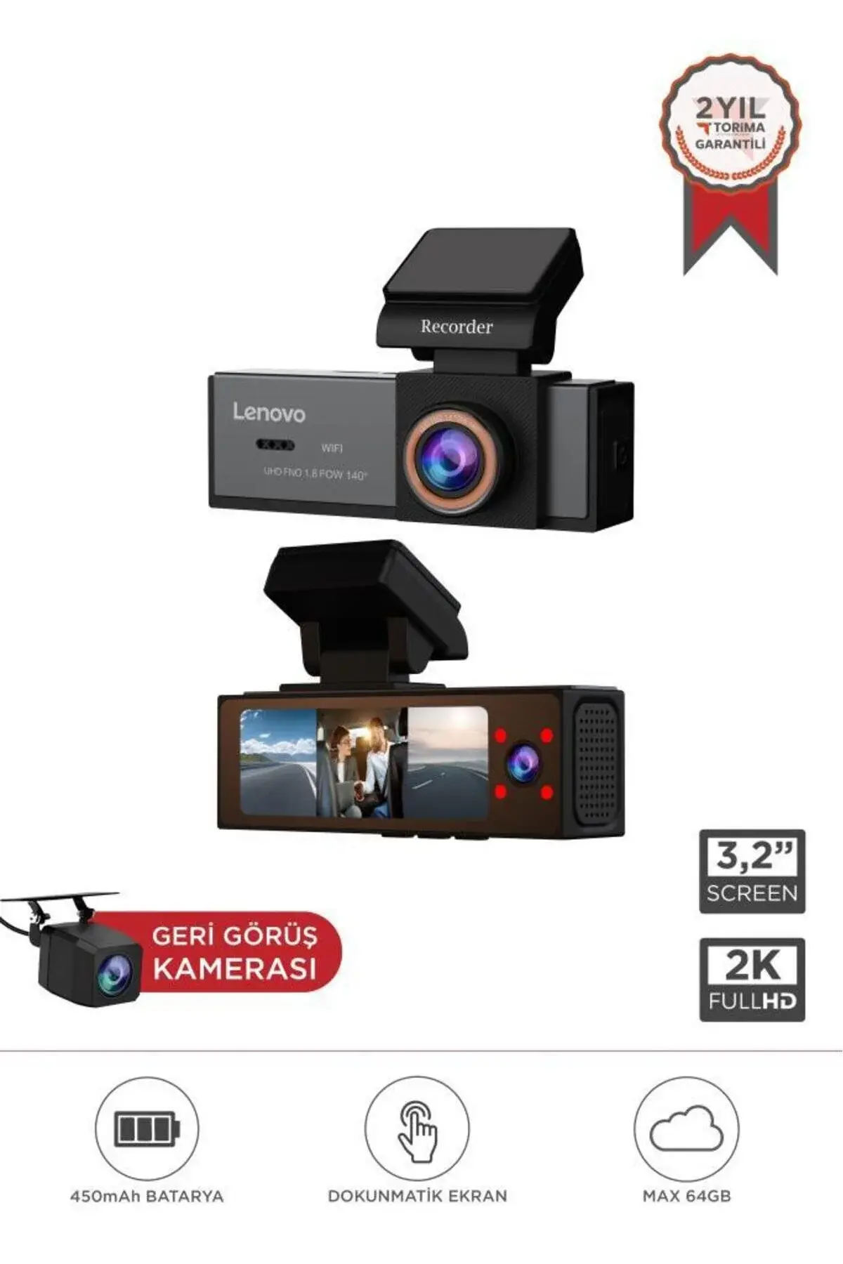 LENOVO Araç İçi Kamera 1080P Dokunmatik Wifi Ön İç ve Arka Araç Kamerası Q7 7302 Siyah