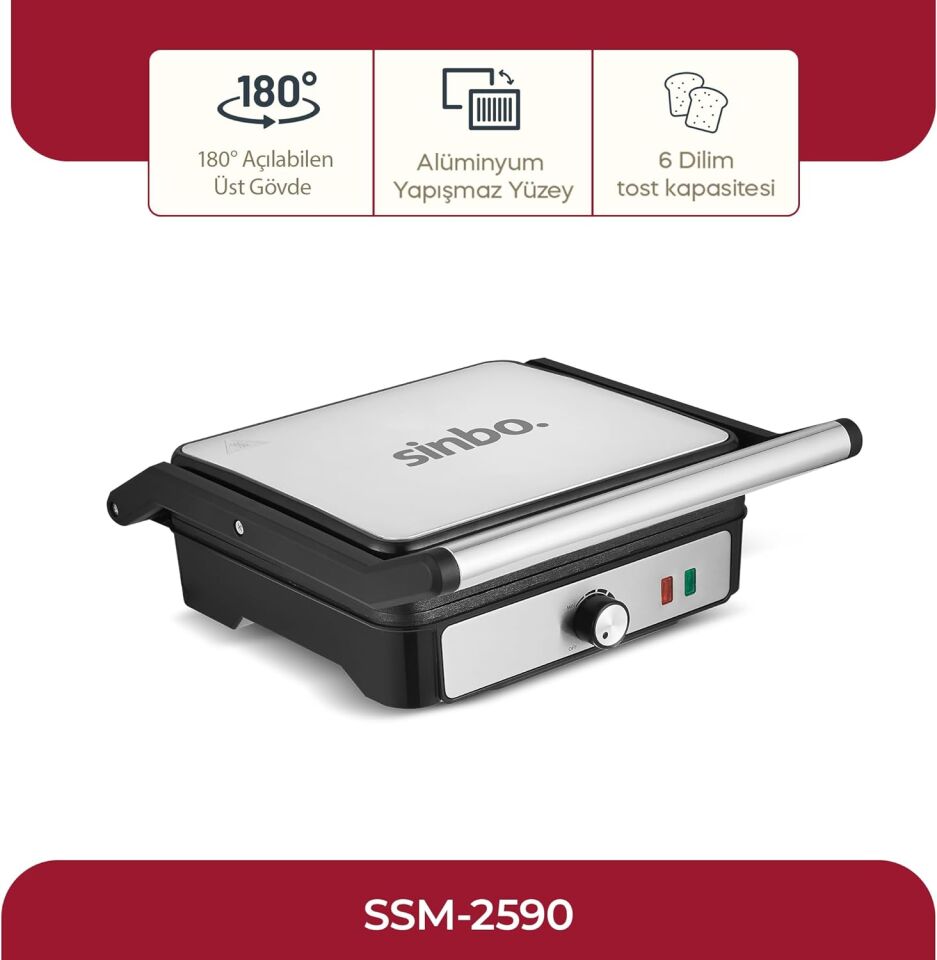 Sinbo SSM-2590 Inox Izgara ve Tost Makinesi 2000W