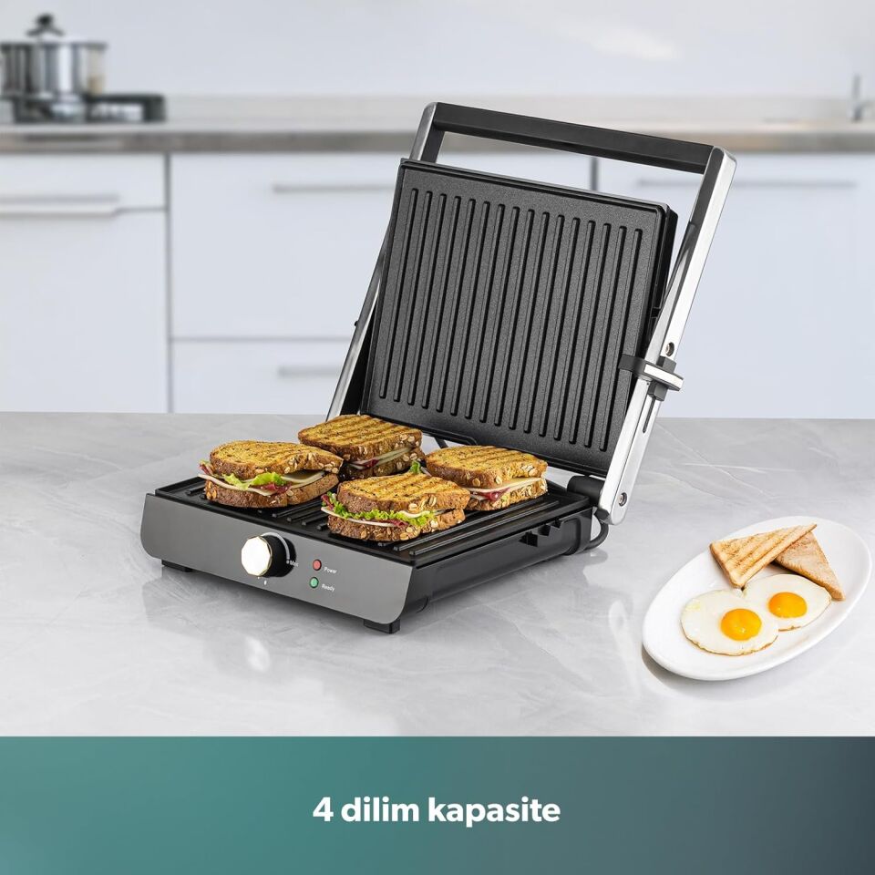 HOMEND Grilliant 1349H 4 Dilim Kapasiteli Gövdeli Döküm Plakalı Tost ve Izgara Makinesi Inox 2000W