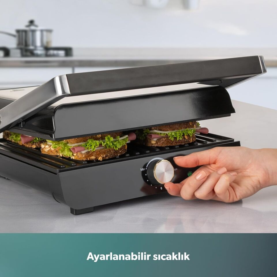 HOMEND Grilliant 1349H 4 Dilim Kapasiteli Gövdeli Döküm Plakalı Tost ve Izgara Makinesi Inox 2000W