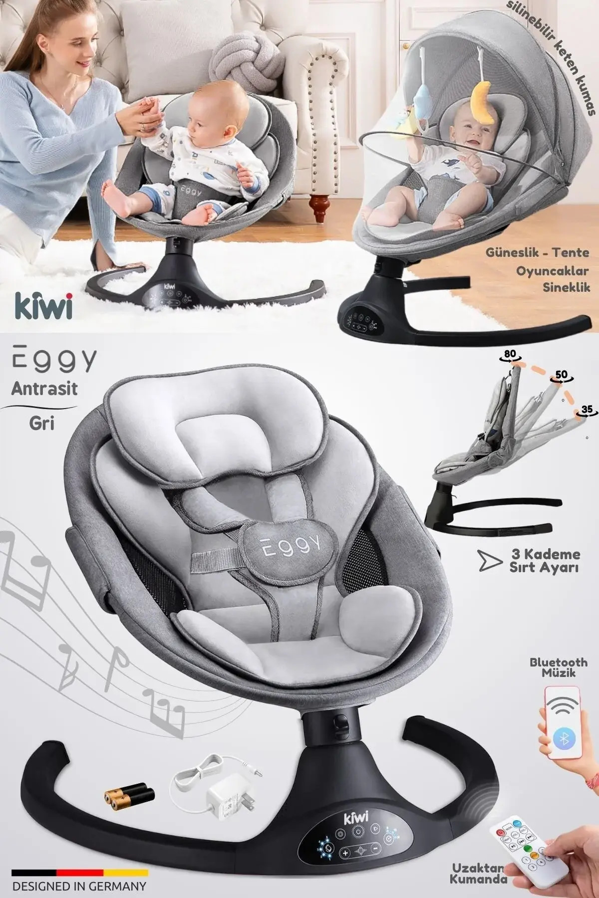 Kiwi Eggy Plus Elektrikli Otomatik Sallanan Bebek Ana Kucağı, 5 Farklı Sallanma Hızı, Oyuncaklı Gümüş-Gri