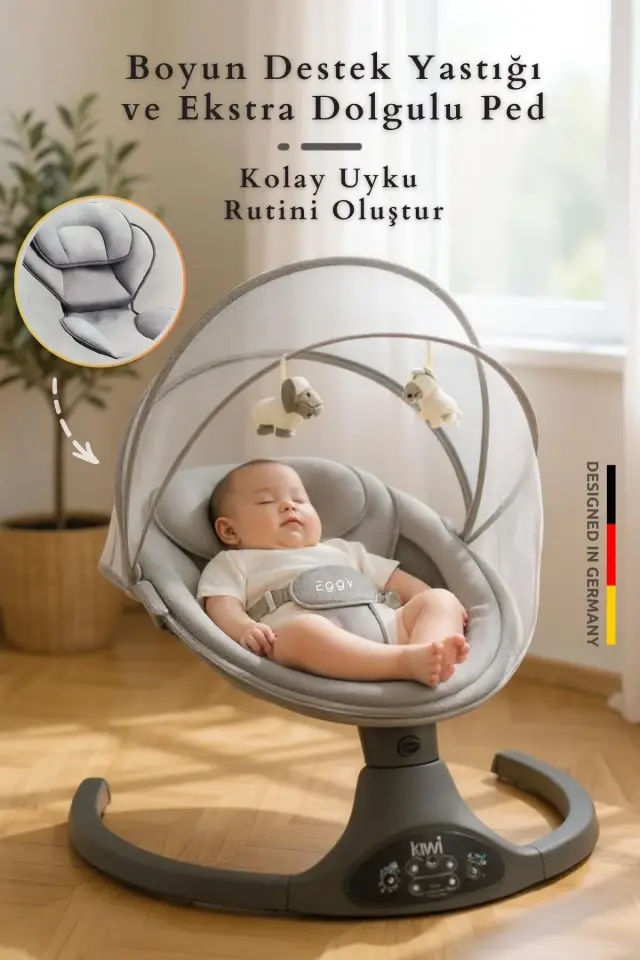 Kiwi Eggy Plus Elektrikli Otomatik Sallanan Bebek Ana Kucağı, 5 Farklı Sallanma Hızı, Oyuncaklı Gümüş-Gri