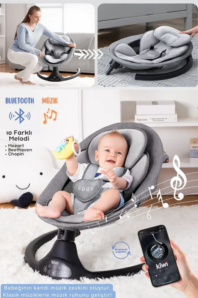 Kiwi Eggy Plus Elektrikli Otomatik Sallanan Bebek Ana Kucağı, 5 Farklı Sallanma Hızı, Oyuncaklı Gümüş-Gri