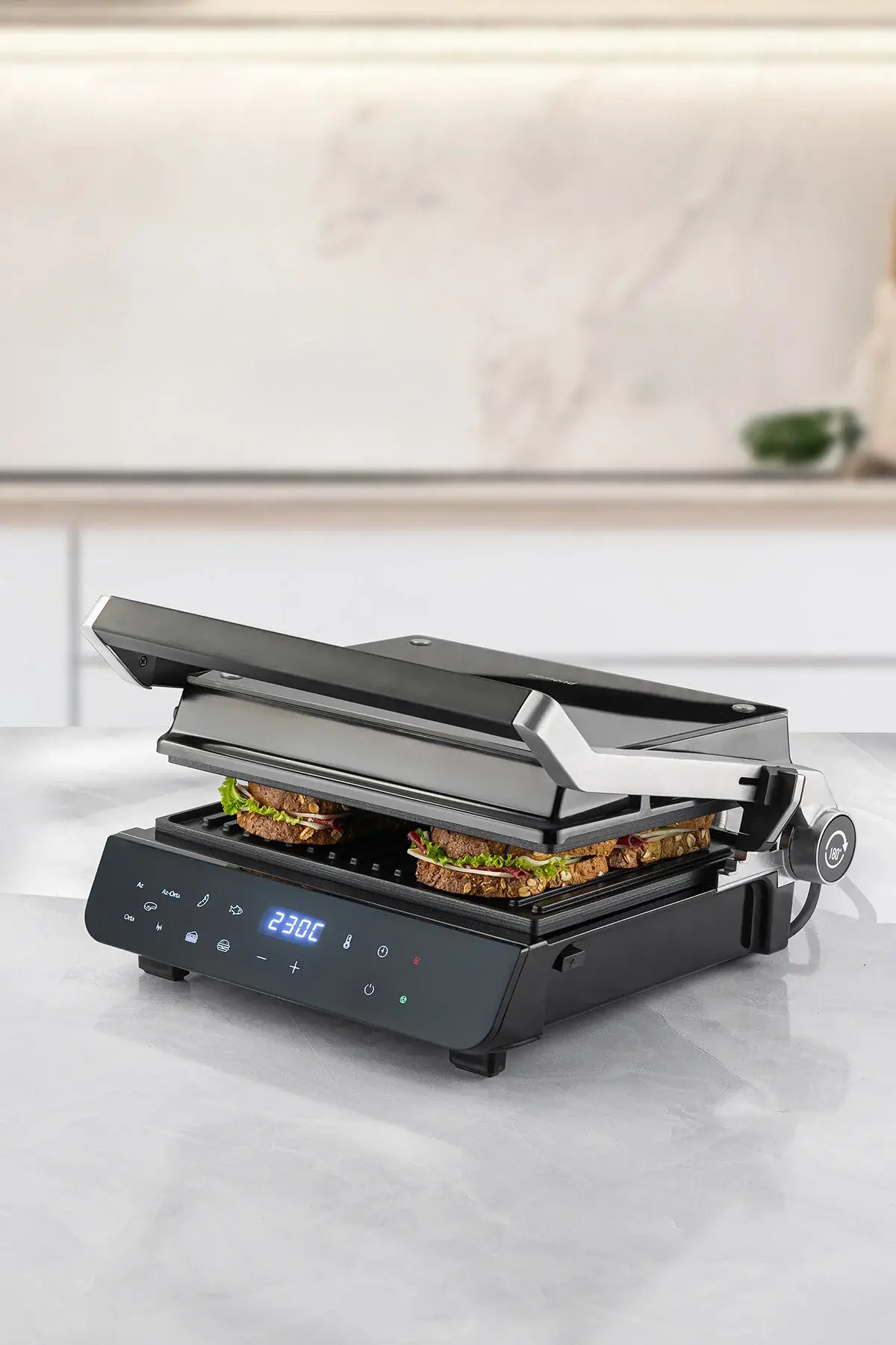 HOMEND Grilliant 1343H Cam Yüzeyli, Döküm Plakalı, Ledli Konuşan Tost ve Izgara Makinesi