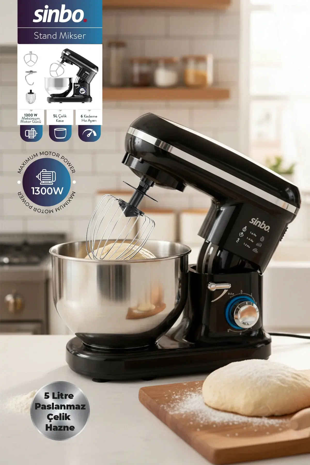 Sinbo SMX-2770 1300W Standlı Mikser - Siyah – 5 L Çelik Hazneli, 6 Hız Kademeli