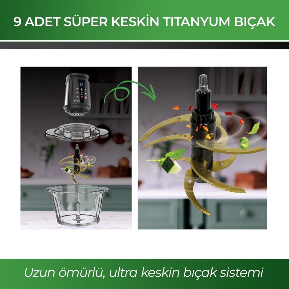 Kiwi KC-8250 Gıda Öğütücü Doğrayıcı | 500W Güçlü Motor&3L Cam Kase &9 Titanyum Bıçaklı & Dokunmatik Ekran