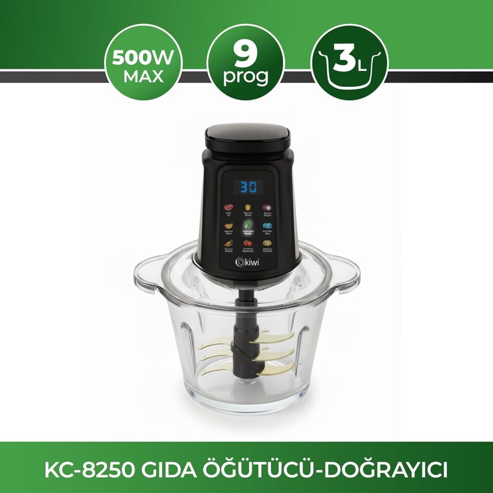 Kiwi KC-8250 Gıda Öğütücü Doğrayıcı | 500W Güçlü Motor&3L Cam Kase &9 Titanyum Bıçaklı & Dokunmatik Ekran