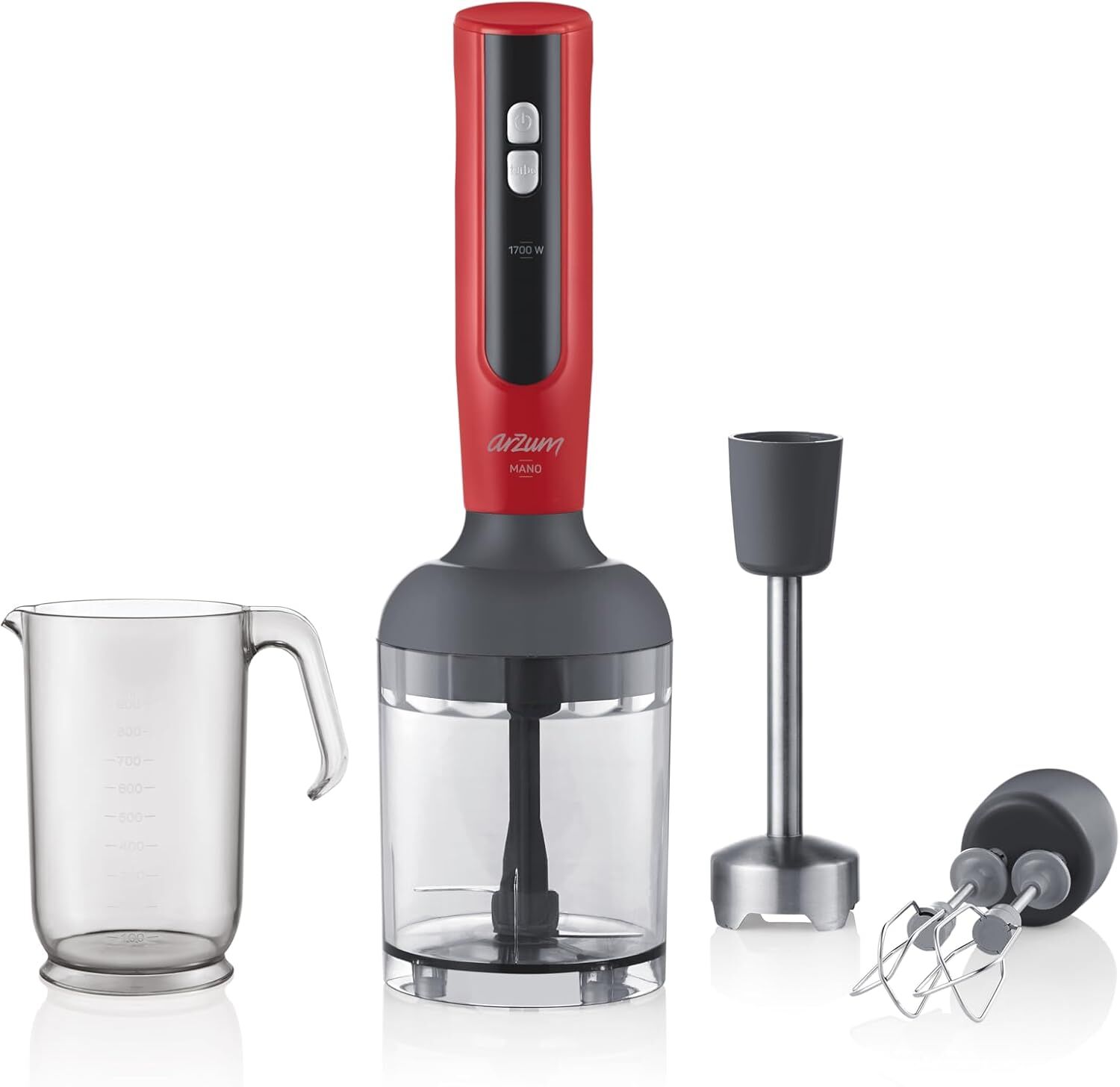 Arzum AR1092 Mano 1700W Turbo El Blender Seti Paslanmaz Çelik Bıçak, Doğrayıcı & Çırpıcı – Kırmızı