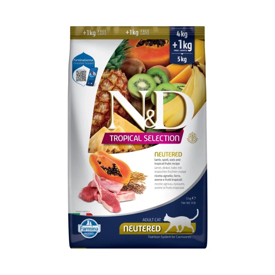 N&D Tropical Selection Kuzu Etli ve Tropikal Meyveli Kısırlaştırılmış Kedi Maması 4kg + 1kg HEDİYE!