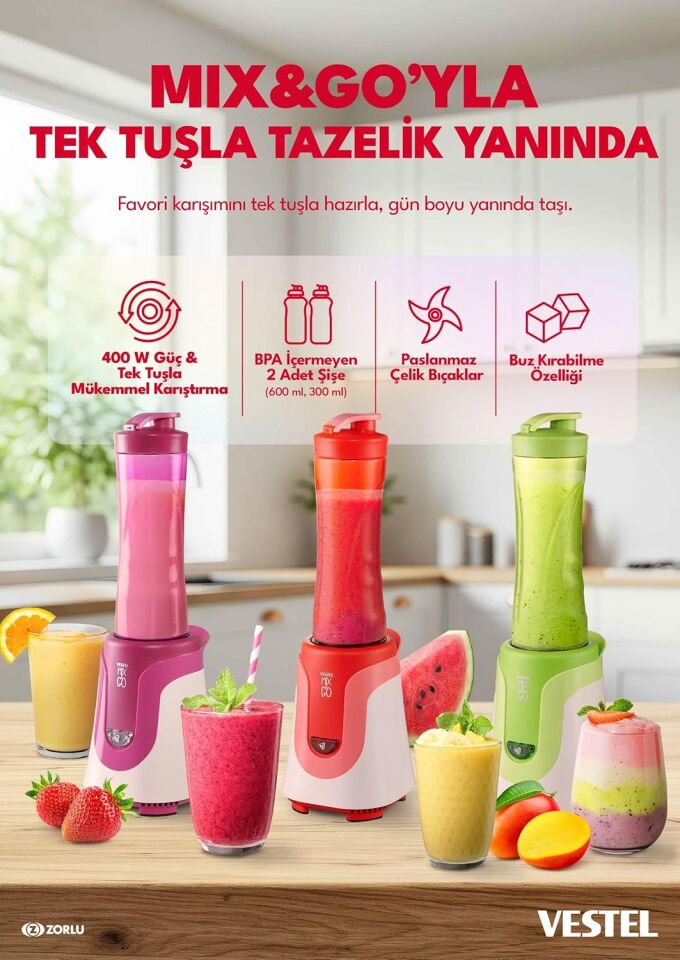 VESTEL Mix Go Kırmızı 300 W Smoothie Blender