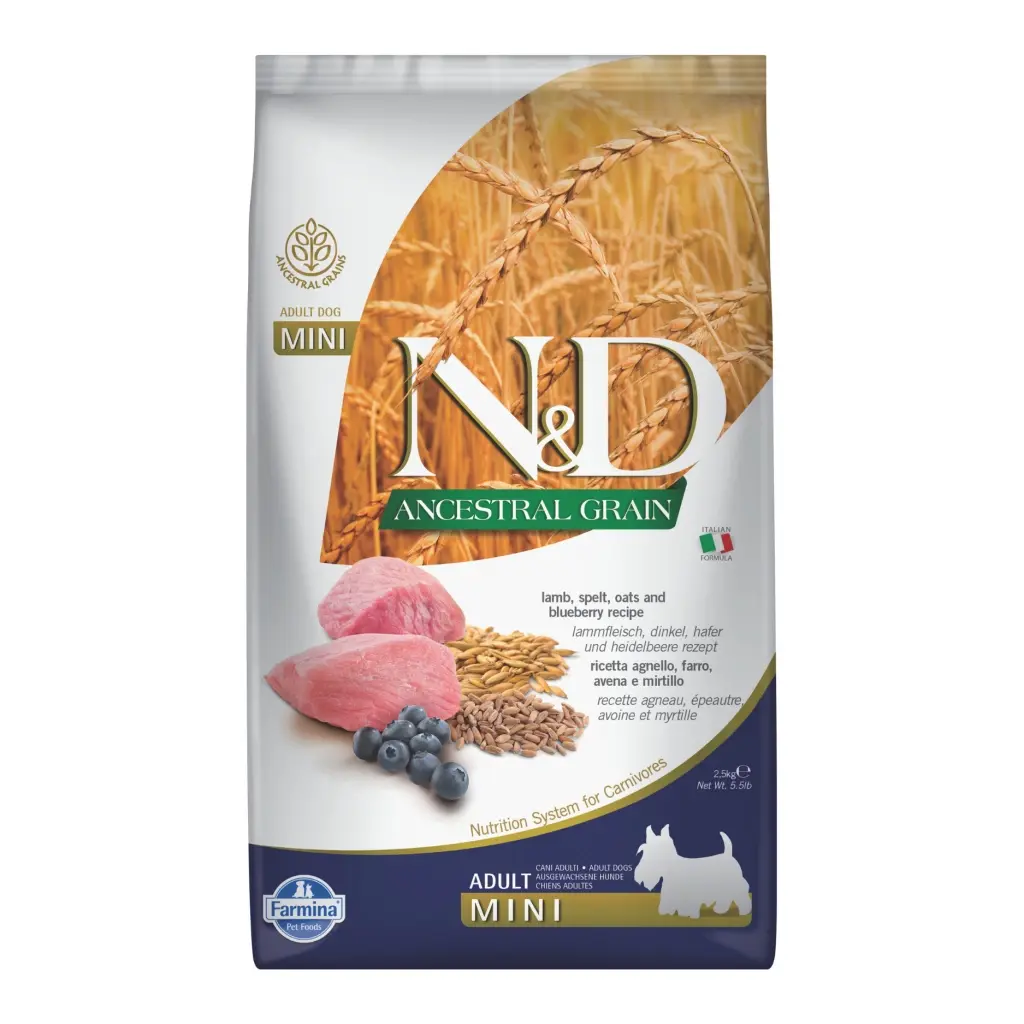 N&D Ancestral Grain Kuzu Etli ve Yaban Mersinli Küçük Irk Ata Tahıllı Yetişkin Köpek Maması 2,5kg