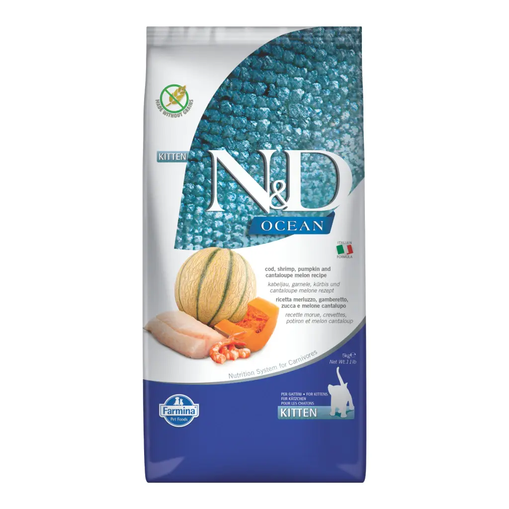 N&D Ocean Morina Balıklı Bal Kabaklı Karidesli ve Kavunlu Tahılsız Yavru Kedi Maması 5kg