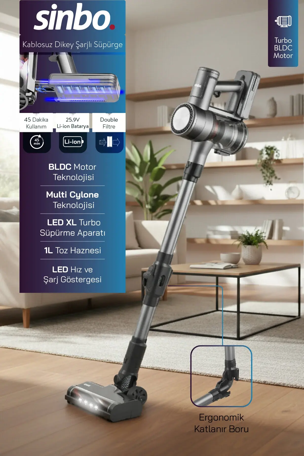 Sinbo SVC-8632 Kablosuz Dikey Şarjlı Süpürge Gri – Güçlü BLDC Motor, HEPA Filtre, 45 dk Kullanım