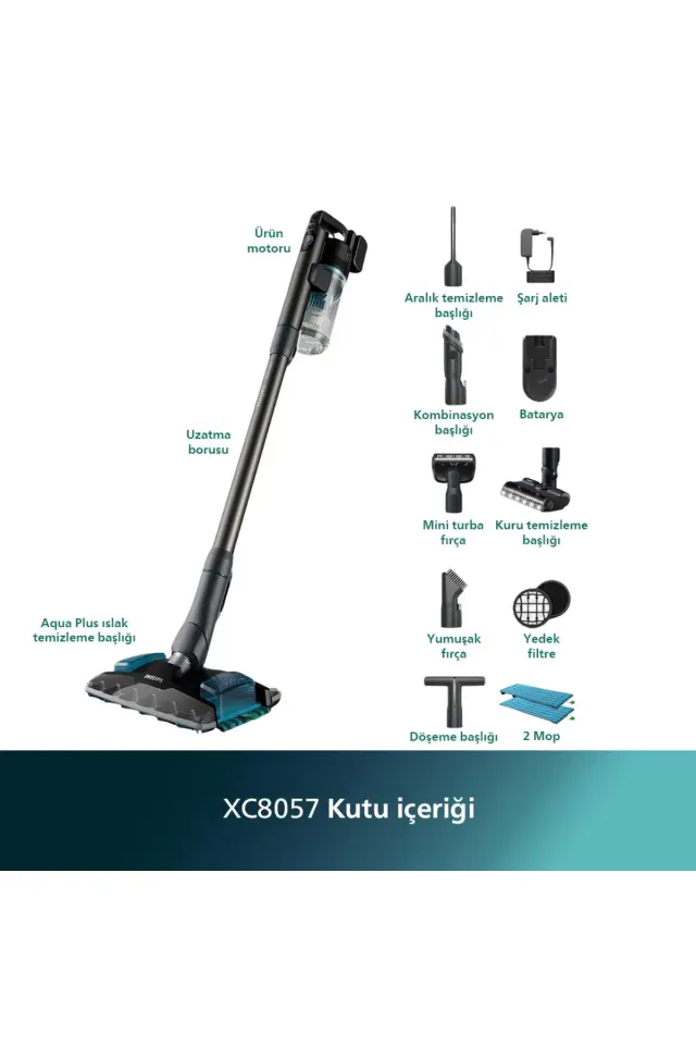 Philips 8000 Serisi Aqua Plus Kablosuz Dik Süpürge, 25.2 V, 80 dk'ya kadar Çalışma Süresi, XC8057/01