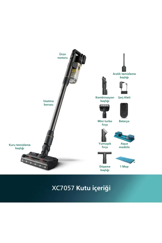 Philips 7000 Serisi Aqua 25.2 V Kablosuz Dik Süpürge, PowerCyclone 12, 80 dk'ya Kadar Şarj, XC7057/01