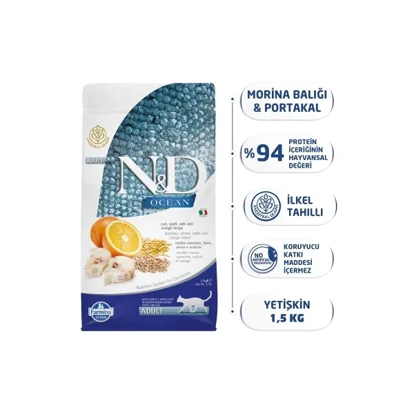 N&D Ocean Morina Balıklı ve Portakallı Ata Tahıllı Yetişkin Kedi Maması 1,5kg