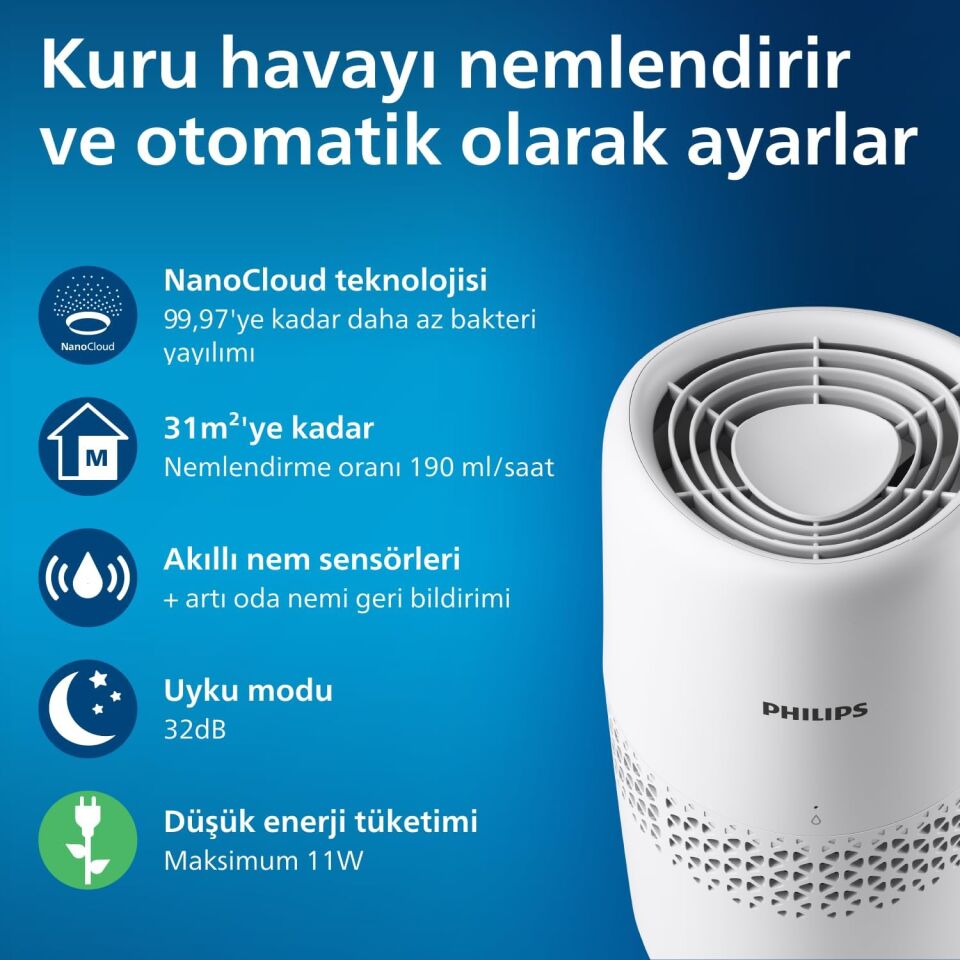Philips 2000 Serisi Hava Nemlendirici, NanoCloud Teknolojisi, 31 m2'ye kadar etkili, Hu2510/10