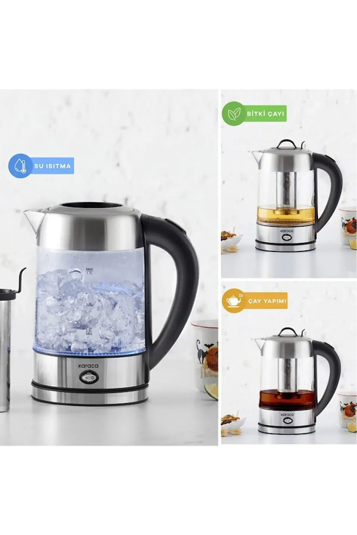 Karaca Cam Inox Bitki Çayı Makinesi Ve Su Isıtıcı Kettle 2202,led, Yüksek Borosilikat Gövde