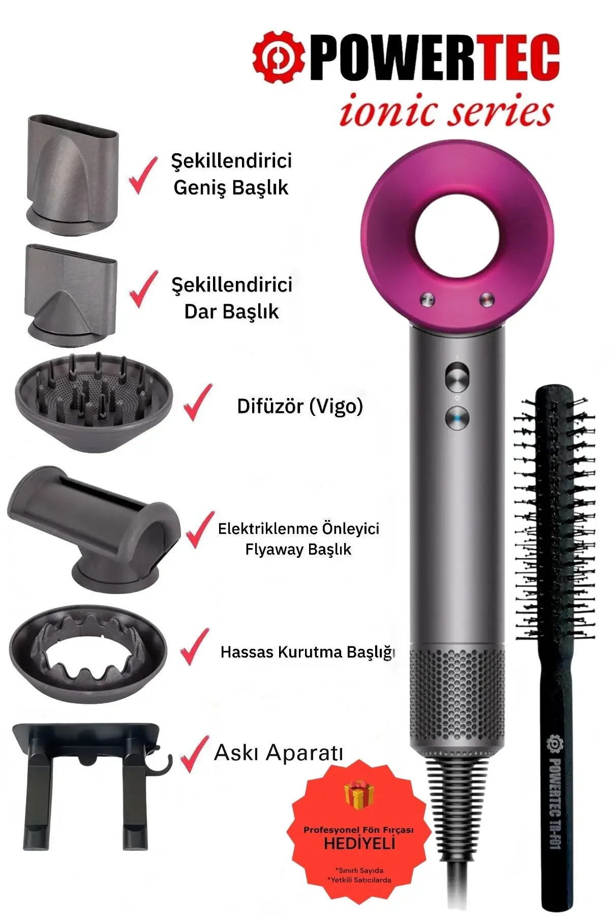 Powertec TR-3333 İyonizerli 5 Fonksiyon Plazma Saç Kurutma & Fön Makinesi ( Askı Aparatlı Yeni Versiyon )