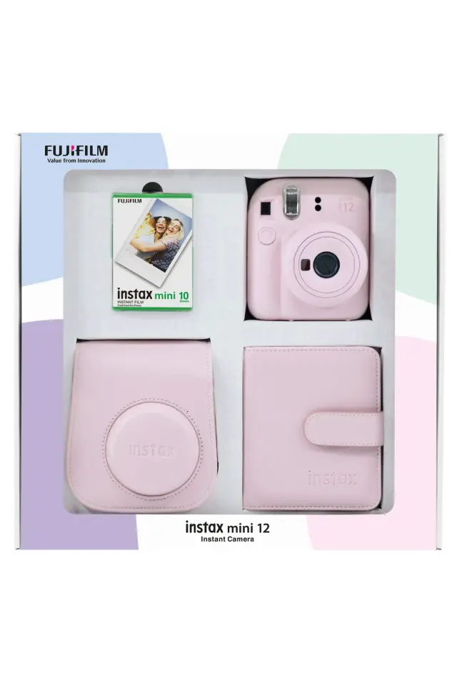 Fujifilm Instax Mini 12 Pembe Fotoğraf Makinesi 10'lu Film Kare Albüm ve Deri Kılıf Bundle Box