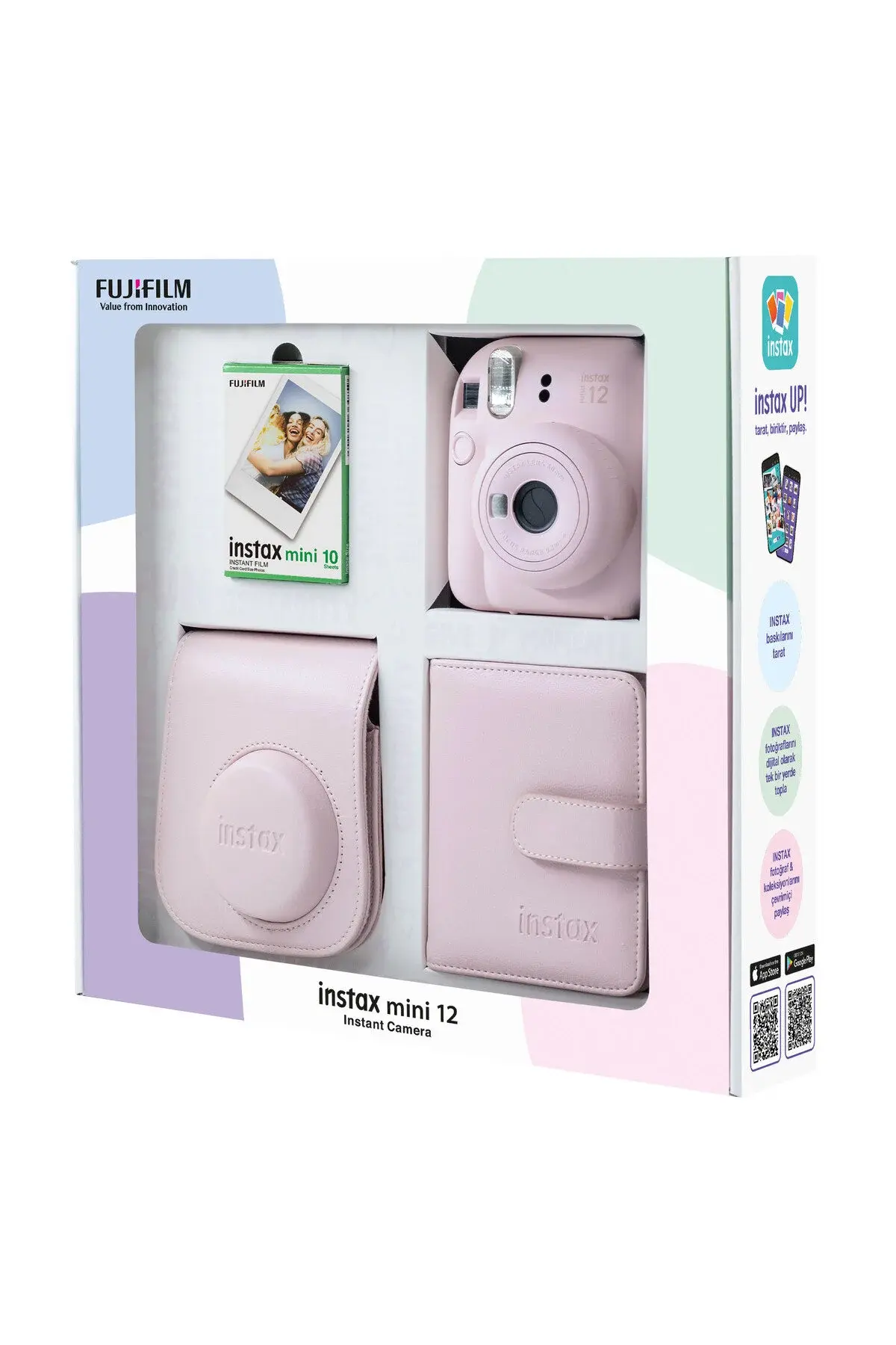 Fujifilm Instax Mini 12 Pembe Fotoğraf Makinesi 10'lu Film Kare Albüm ve Deri Kılıf Bundle Box