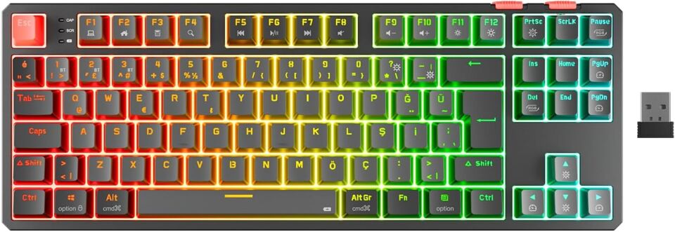 Rampage YORU TKL PRO Gri/Siyah 2.4ghz+BT5.0+Type-C Red Swich Q Kablosuz RGB Mekanik Oyuncu Klavyesi