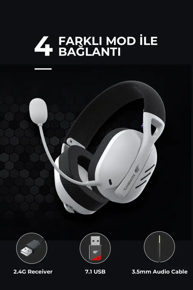 Havit Gamenote Fuxi-H3 Gaming Oyuncu Mikrofonlu Kulaklığı 7.1 - 4 Modlu (BT, 2.4Ghz, Type-C, 3.5mm) Beyaz