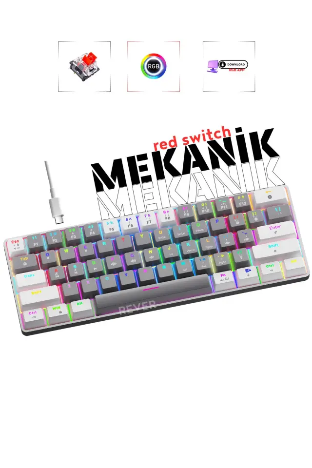 Rever Mekanik Oyuncu Klavyesi Red Switch RGB Led Işıklı Kablolu Gaming Klavye