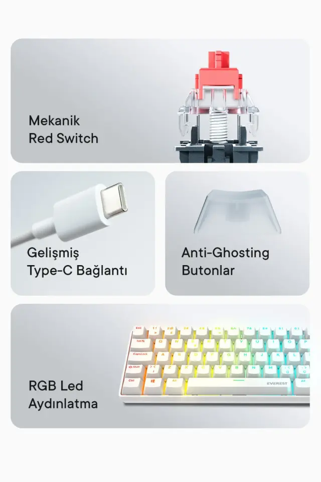 Everest Amber Type-C Bağlantılı RGB Ledli Mekanik Gaming Oyuncu Klavye Q Red Switch