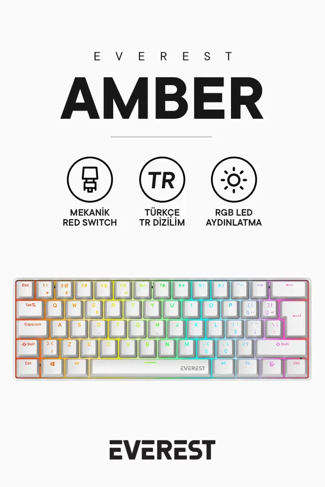 Everest Amber Type-C Bağlantılı RGB Ledli Mekanik Gaming Oyuncu Klavye Q Red Switch