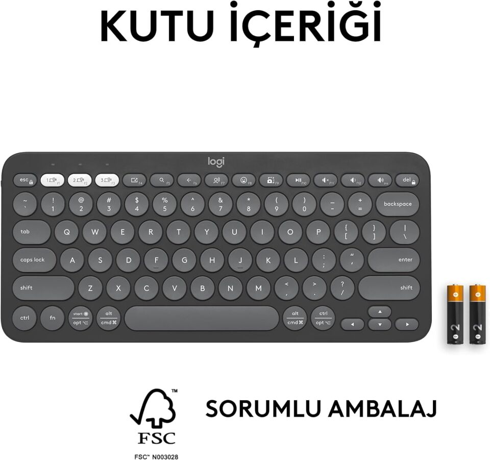 logitech K380s Pebble Keys 2 Çoklu Cihaz Özellikli Bluetooth Türkçe Q Klavye Gri 920-011859