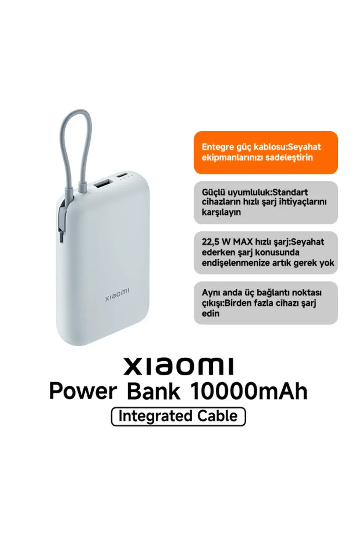 Xiaomi Power Bank Entegre Kablo 10000mAh 22.5W BHR9073GL - Buz Mavisi