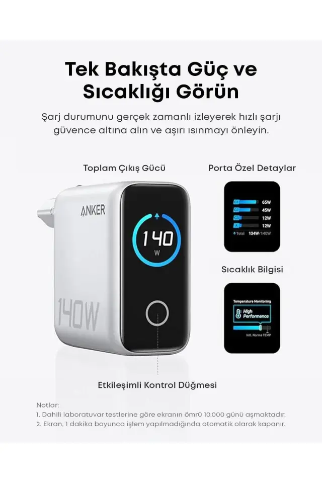 Anker Laptop Şarj Cihazı (140W, 4 Port, PD 3.1) ve 240W USB-C – USB-C Kablosu (1.5 m) - Açık Gri - B2697