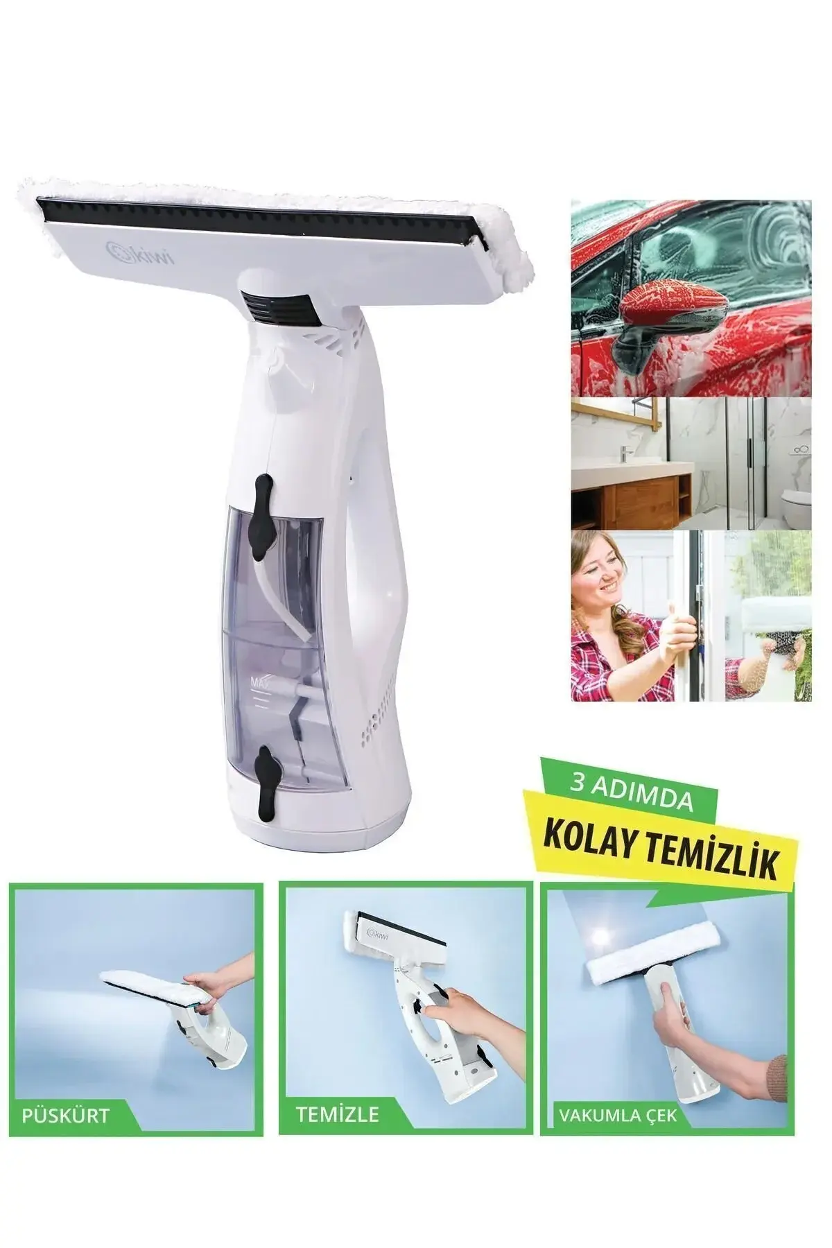 Kiwi Şarjlı Cam Silme Temizleme Makinesi Spreyli Ve Vakumlu 100 ml Kapasiteli Kwc-7106