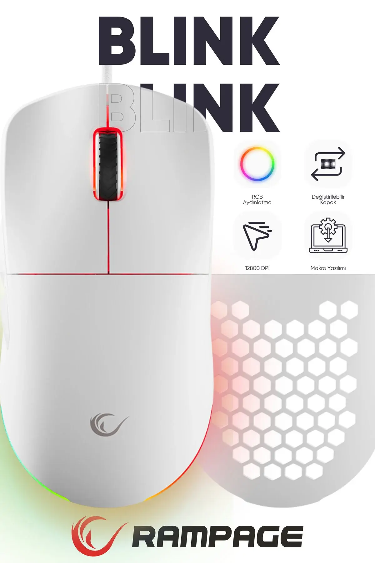 Rampage Blink Beyaz Rgb Makrolu 12800 Dpi E-spor Örgü Kablo Profesyonel Gaming Mouse Oyuncu Mouse