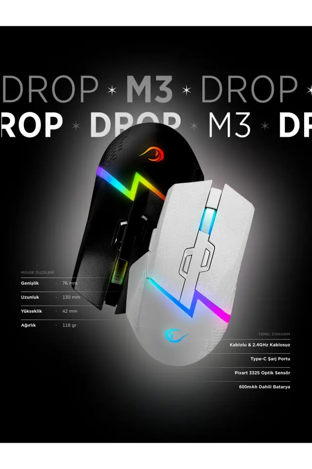 Rampage DROP M3 V2 24000 Dpi 3311 Sensör Beyaz RGB Kablosuz 80 Milyon Huano Switch Gaming Oyuncu Mouse